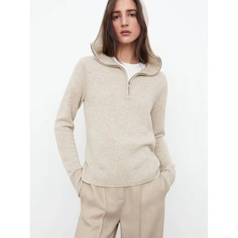Kvinders elegante strikket sweater med hætte og halv lynlås Stilla