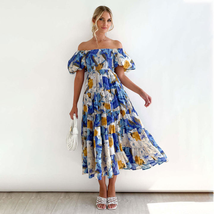 Dame Floral Puff Ærme Midi Kjole Stilla