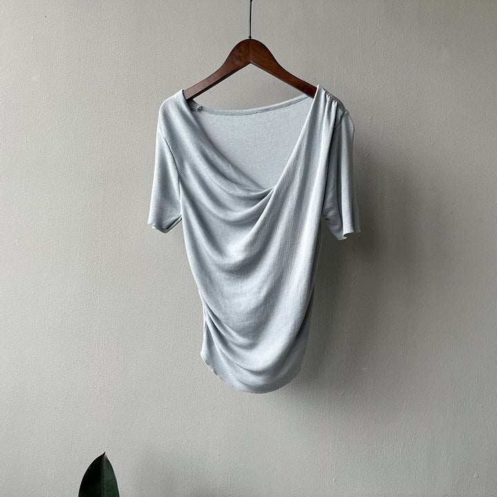 Dame elegant draperet T-shirt med dyb V-udskæring og korte ærmer Stilla