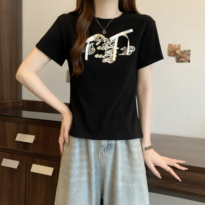 Femme Trendy Grafisk Krawatten-Front T-Shirt Stilla