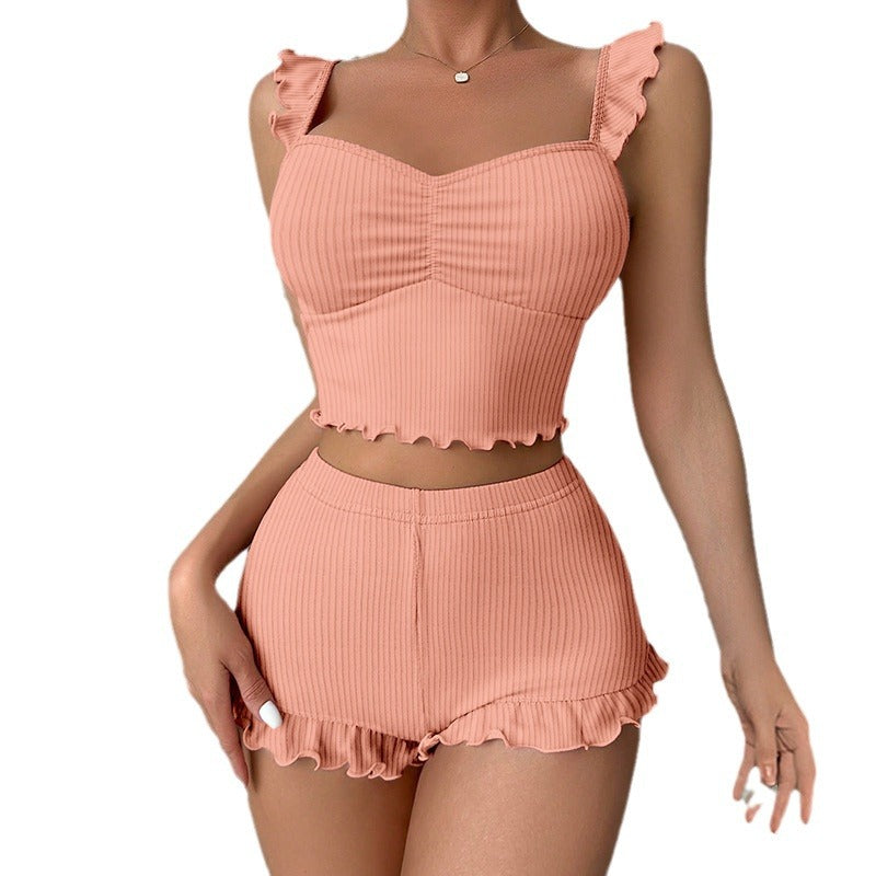 Dame Crop-Top og Shorts Sæt med Rynkedetaljer og fint Ribmønster Stilla