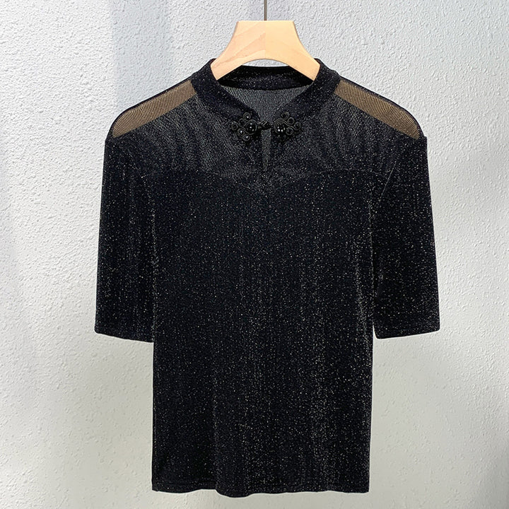 Dame kortærmet shirt med elegant blonde og glamorøs glimmertekstur Stilla