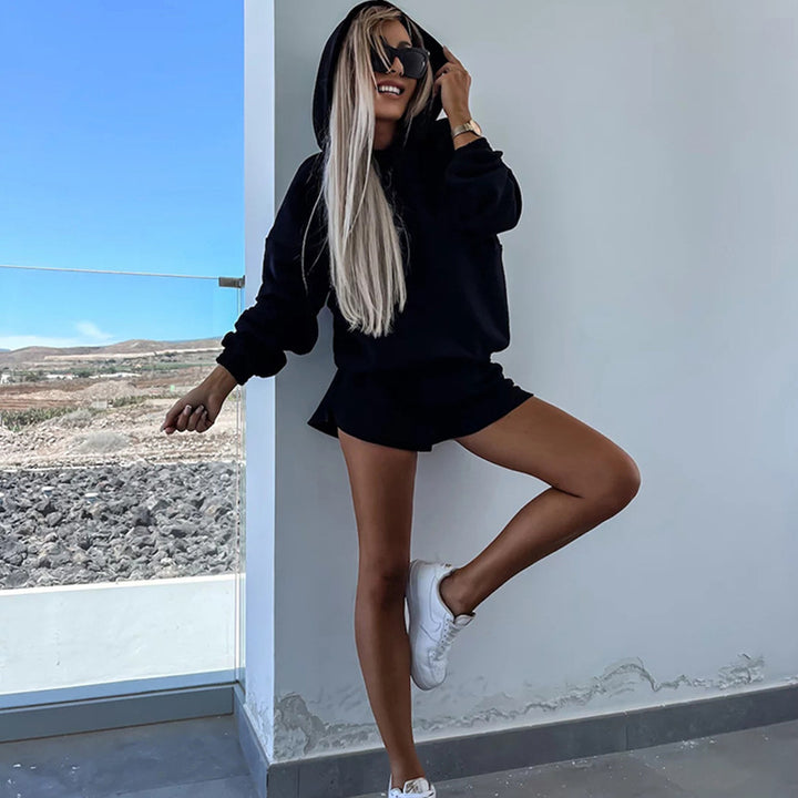 Dame afslappet hættebluse og shorts-sæt Stilla