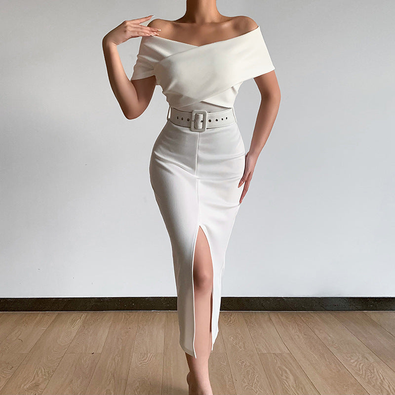 Dame Off-Shoulder Bodycon Midi Kjole med Bælte Stilla