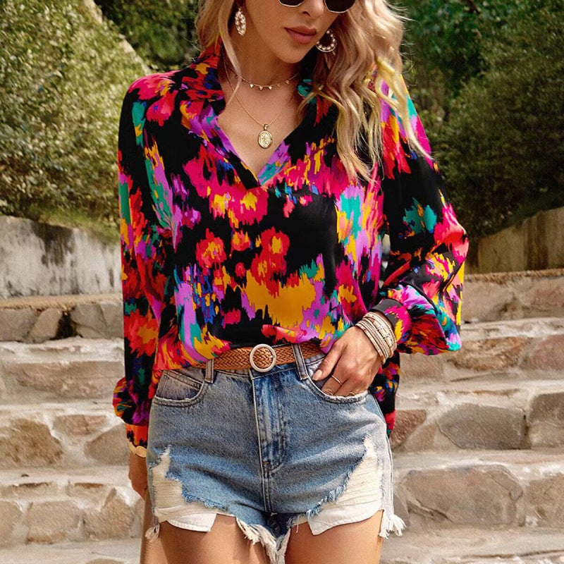Dame Vibrant Trykt Bluse med Ballonærmer Stilla