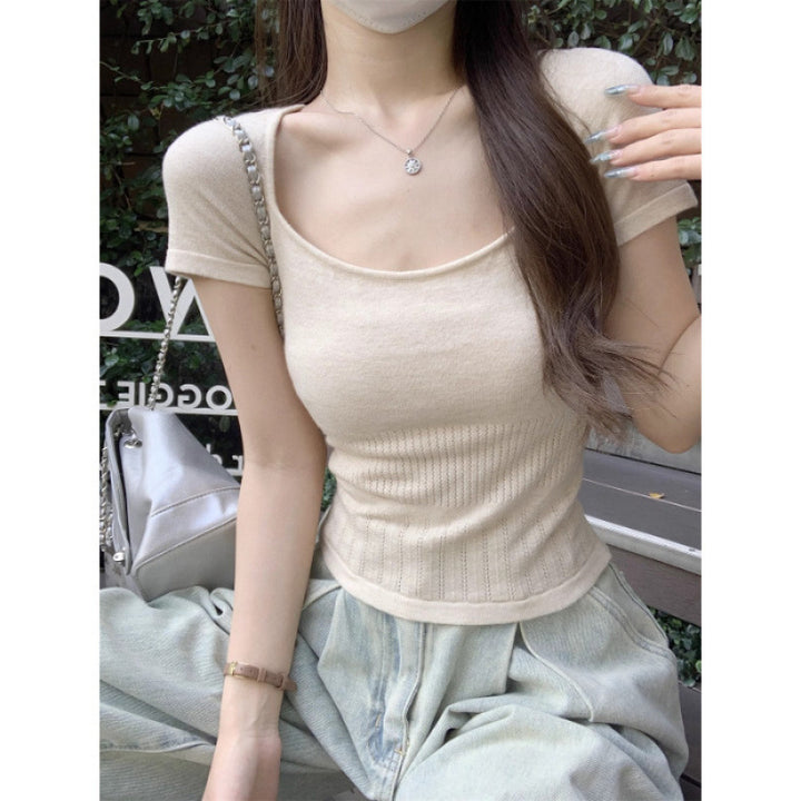 Femme Ribbet Kort Ærme Crop Top Stilla