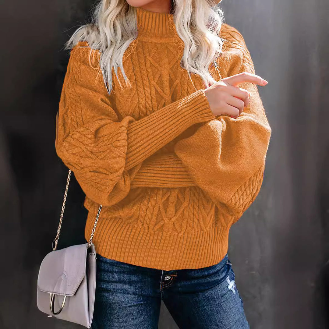 Kvinders strikket sweater med opretstående krave og kabelmønster Stilla
