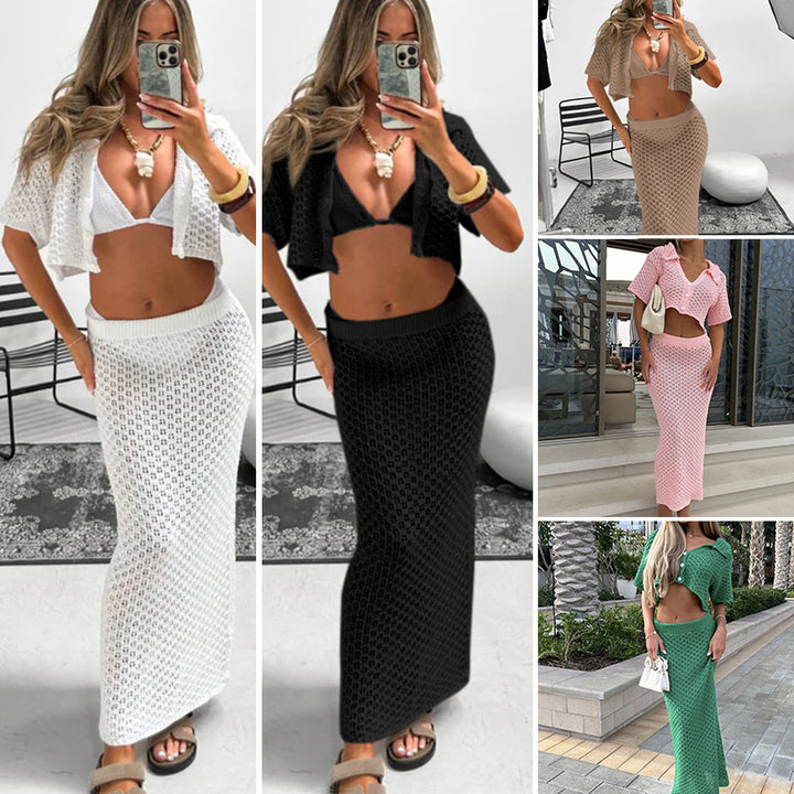 Dame Strik-Crop-Top og Maxiskørt Ensemble med moderne Hæklemønster Stilla