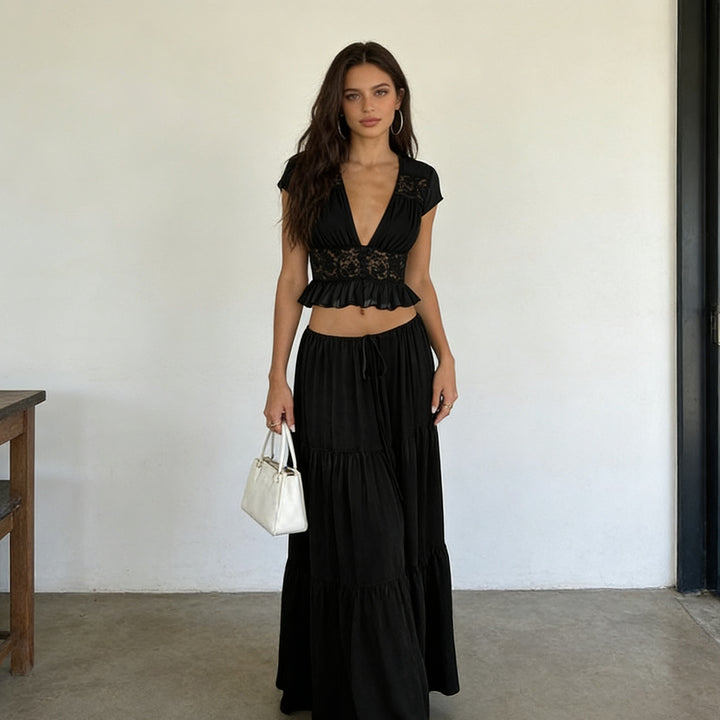 Dame Casual Maxi Kjole med elegant rynkning og cropped top Skovae