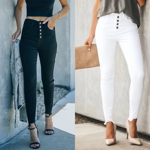 Dame High-Waist Skinny Jeans med autentisk knaplukning og mode fransen afslutning Stilla