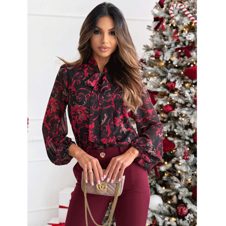 Dame Elegant Chiffonbluse med florale accenter og sløjfedetalje Stilla