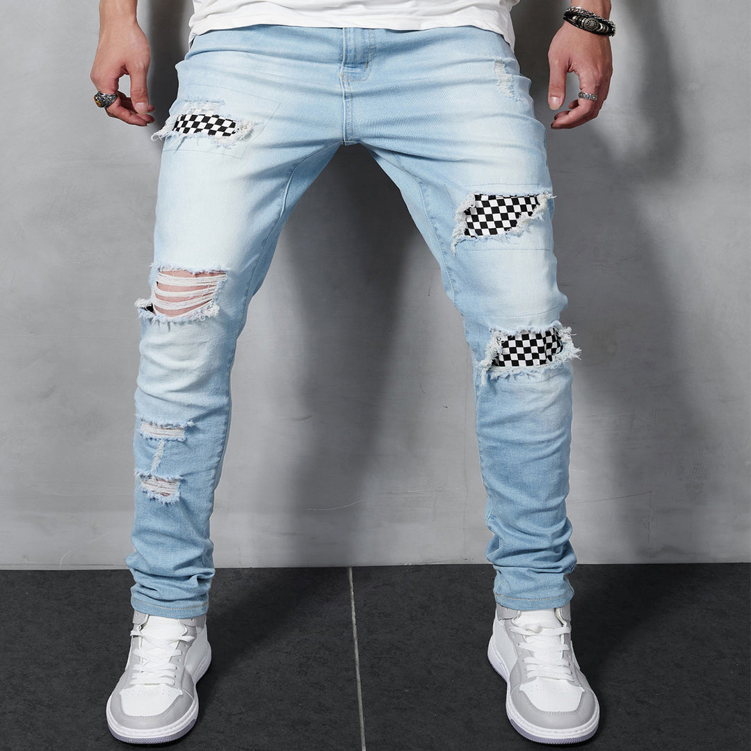 Herrer Slim-Fit Jeans med iøjnefaldende destruktionsdetaljer og ternede applikationer Stilla