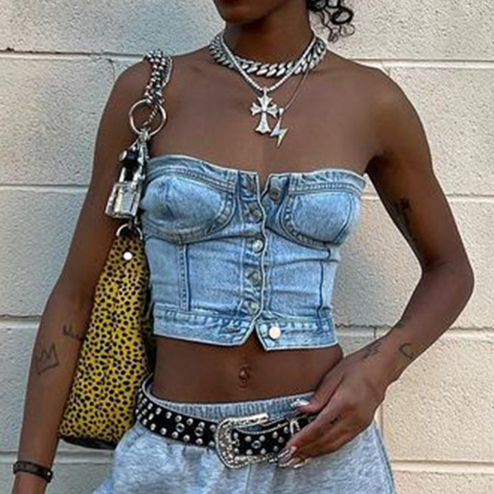 Dame Denim-Crop-Top med strikket overtræk Skovae