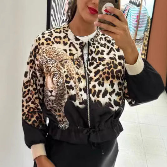 Dame afslappet bomberjakke med ekstravagant leopardmotiv Stilla