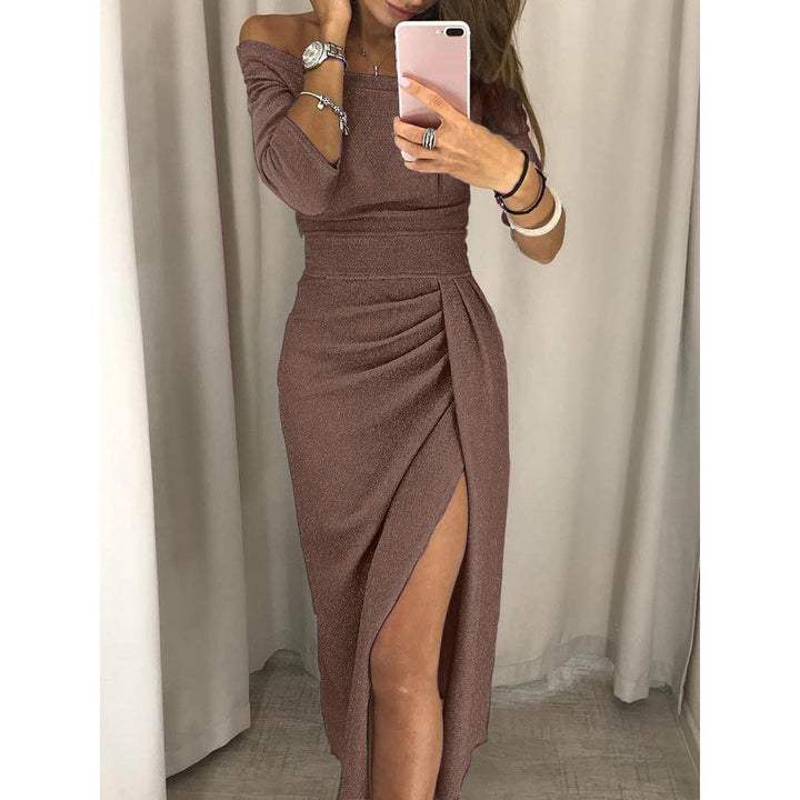 Dame Glinsende Off-Shoulder Aftenkjole med Høj Slids og Drapering Stiila