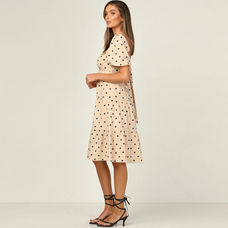 Dame Polka Dot Flydende Midi Kjole med Puffærmer og Flæsekant Stilla