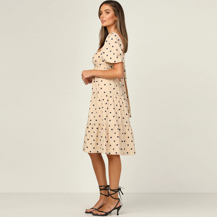 Dame Polka Dot Flydende Midi Kjole med Puffærmer og Flæsekant Stilla
