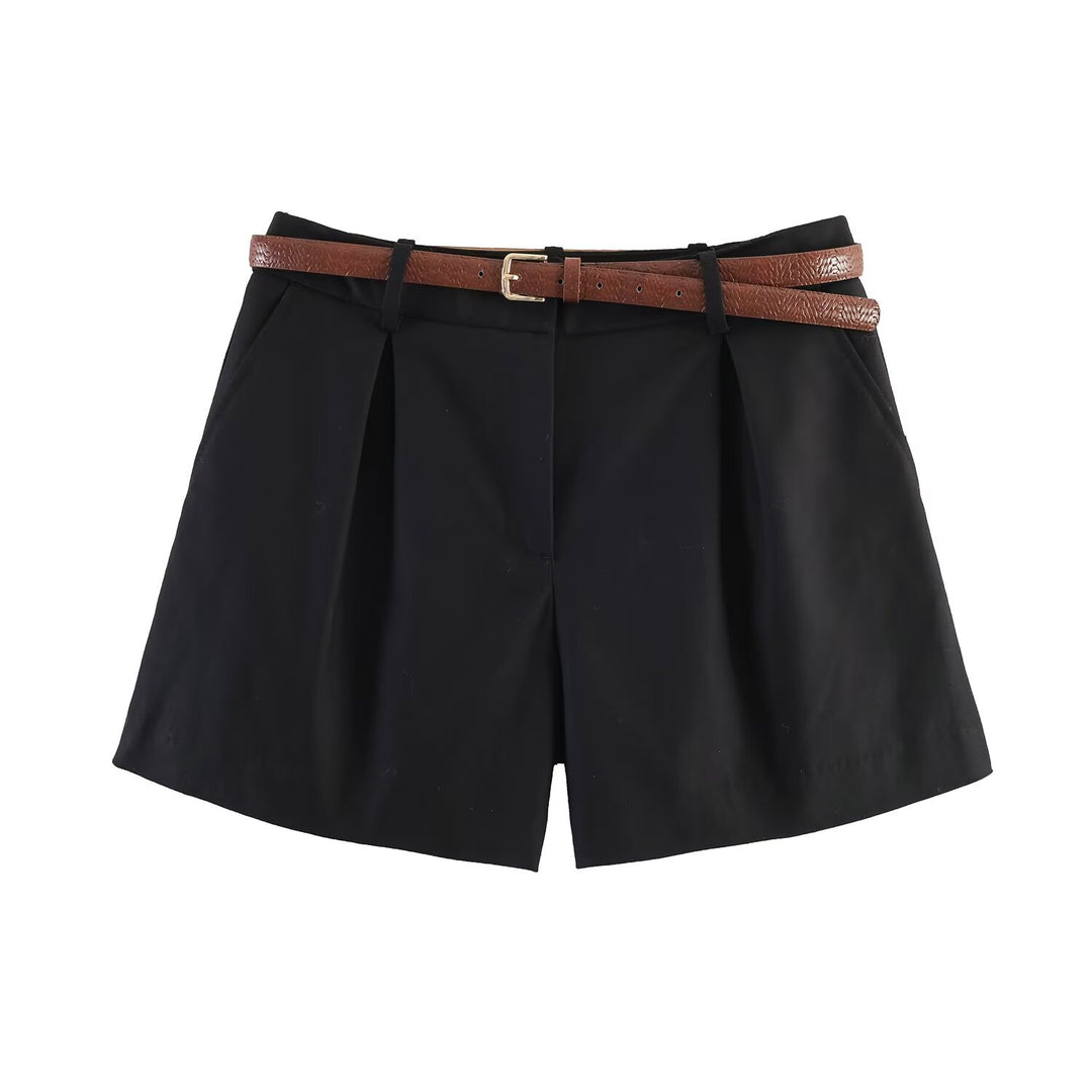 Damer høj talje shorts med elegant folder og smal bælte Skovae