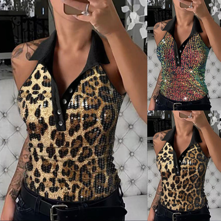 Dame figursyet top med sexet glimmer-detaljer og stilfuld krave Stilla