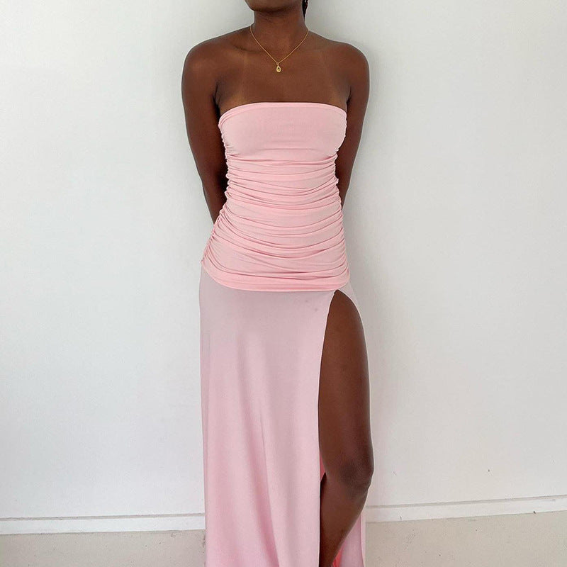 Dame Elegant Rynkes Maxi Kjole med side Slids Detalje Stilla