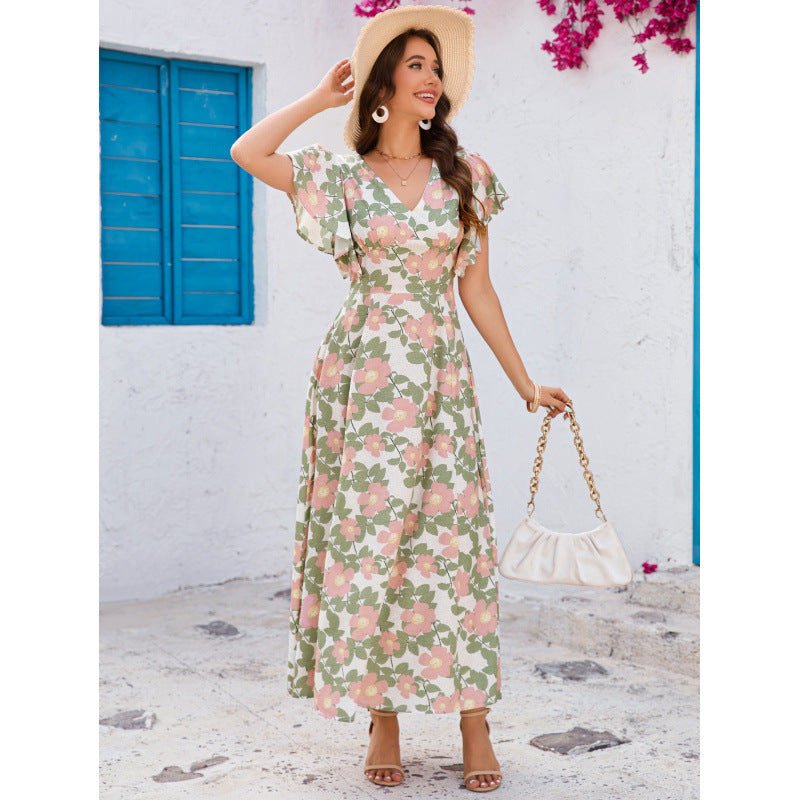 Femme Floral Print Maxi Kjole med Flæser Stilla
