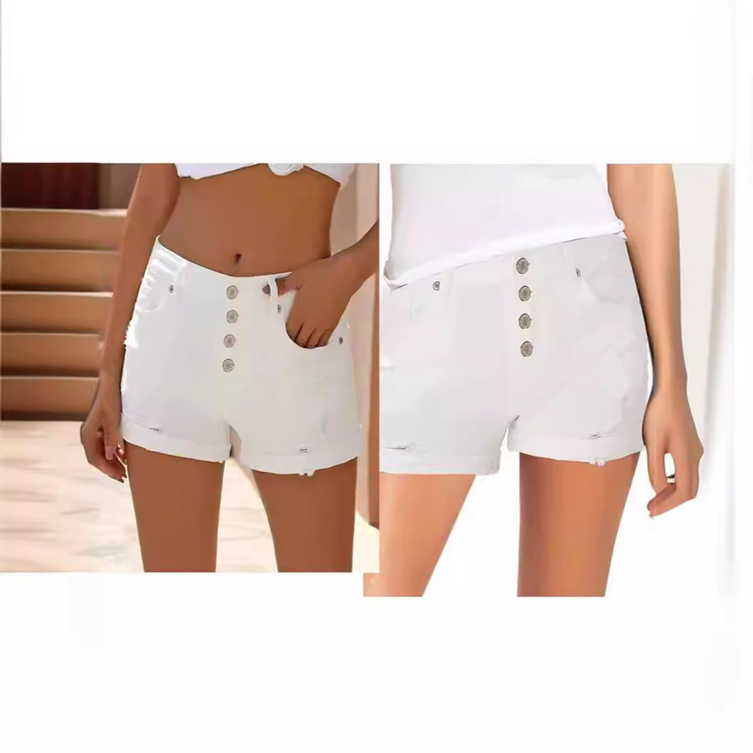 Dame mode High-Waist Denim-Shorts med knapdetaljer og frynsede kanter Skovae