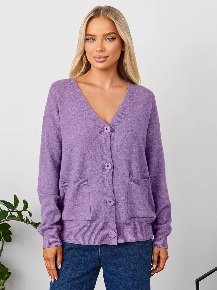 Dame Oversized V-Udskæring Knap-Cardigan med Lommer Stilla