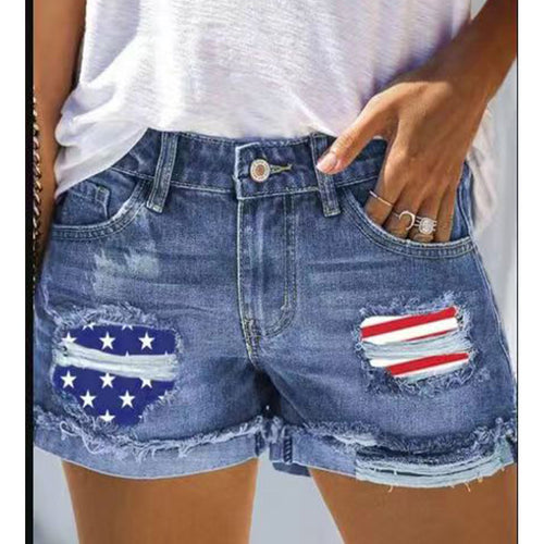 Dame denim-shorts med kreative påsyede lapper og frynset kant Stilla