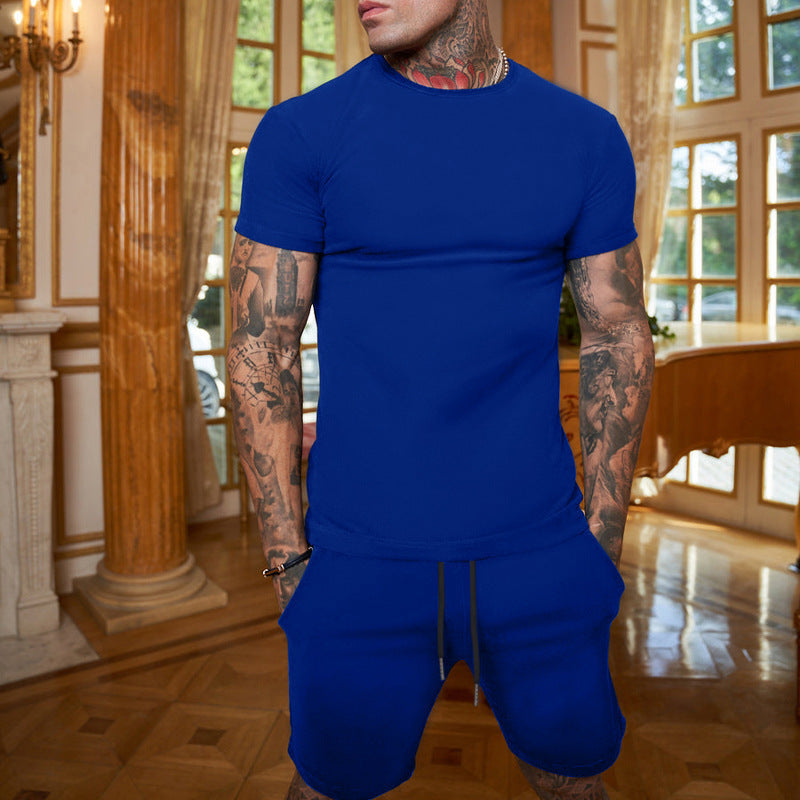 Herrer nan slank Jersey-sæt med rundhalsshirt og elastisk tunneltræk-shorts Skovae