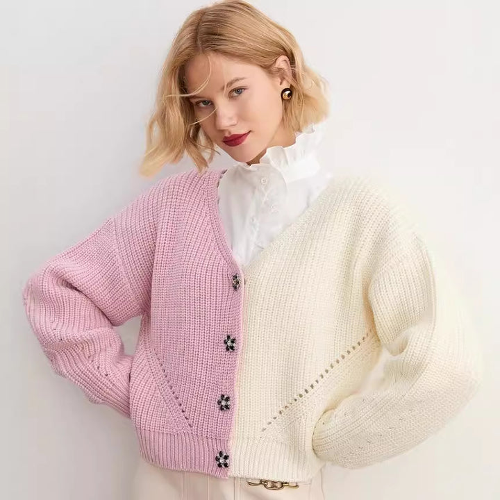 Femme Kontrast Block Strik Cardigan Stilla