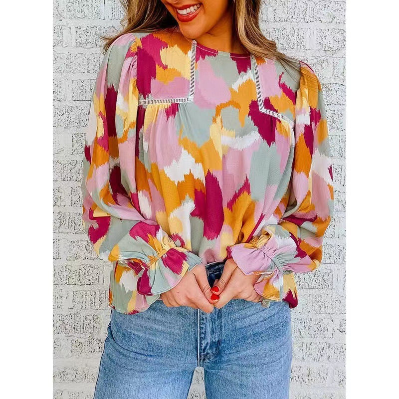 Dame Kunstnerisk Tryk Bluse med Flæsekanter Stilla
