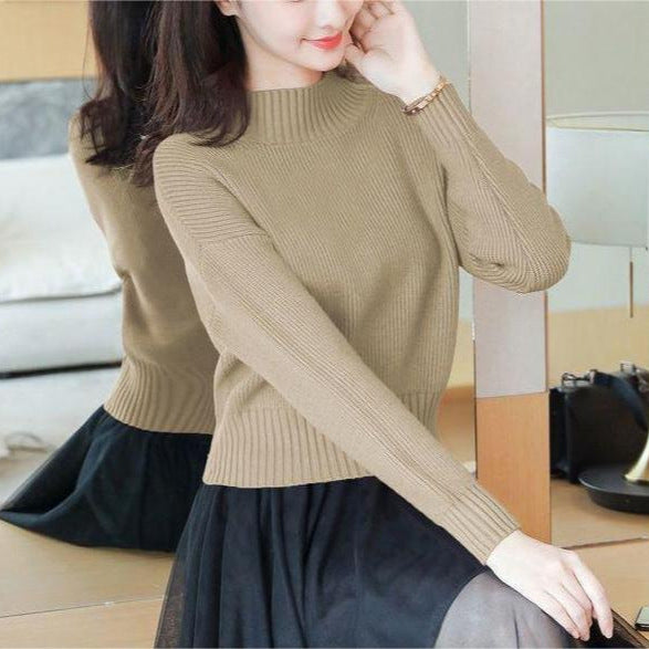 Kvinders casual strikket sweater med høj krave og fine ribdetaljer Stilla
