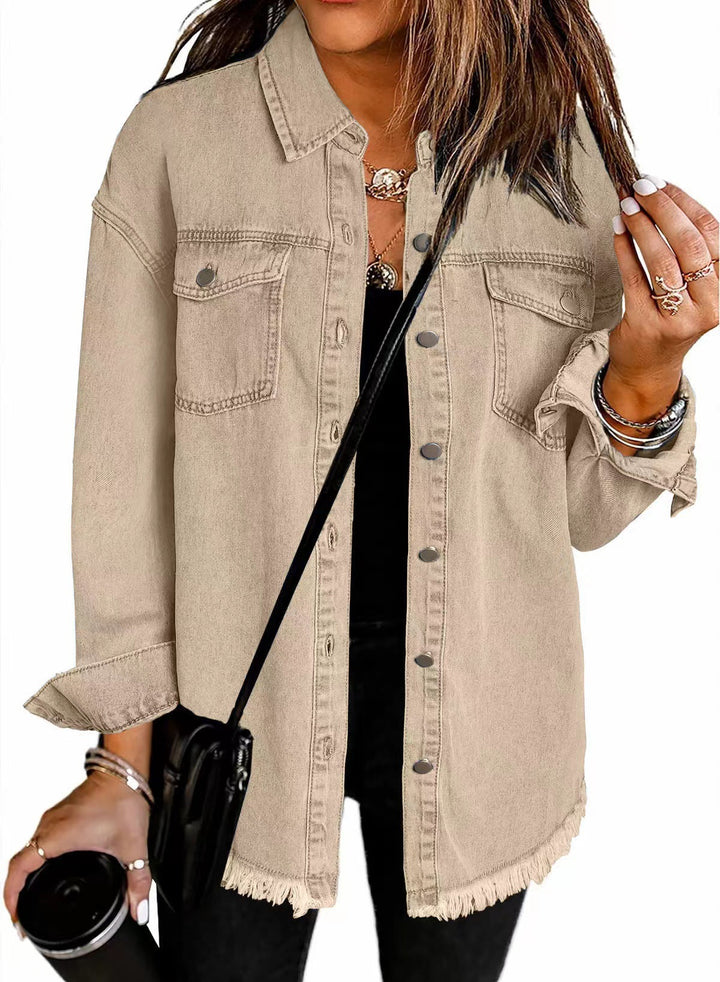 Dame Denim Skjortejakke i afslappet Oversized-stil med frynser Stilla