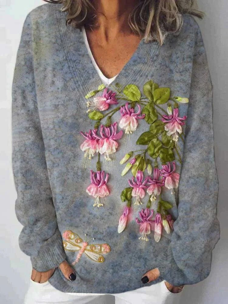 Kvinders V-hals sweater med blomsterdesign og afslappet pasform Stilla