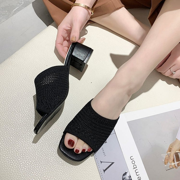 Dame nan luftige strik-sandaler med firkantet tåparti og bred blokhæl Skovae