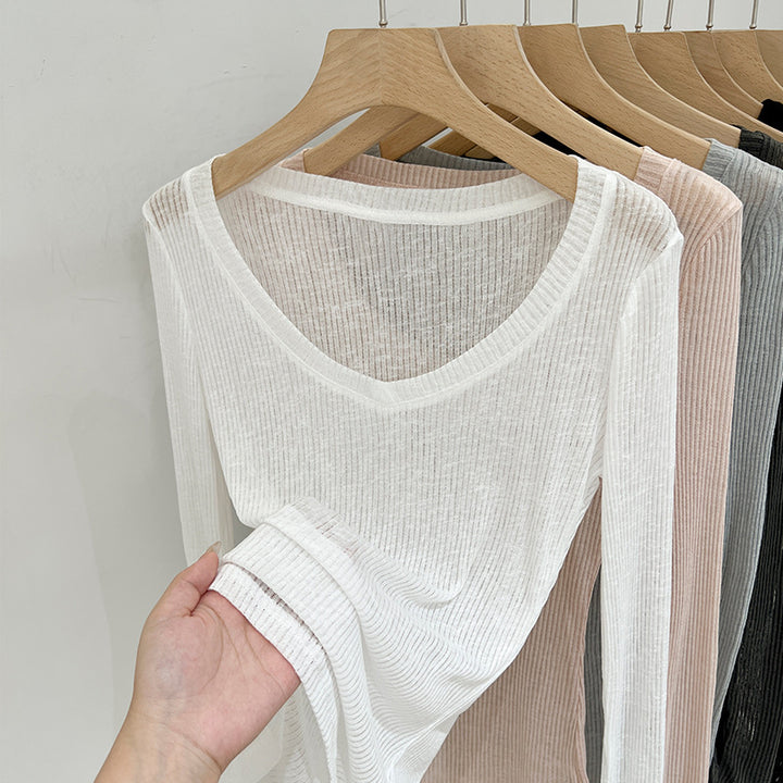 Damer Langærmet skjorte med elegant V-form og fin ribstruktur Stilla