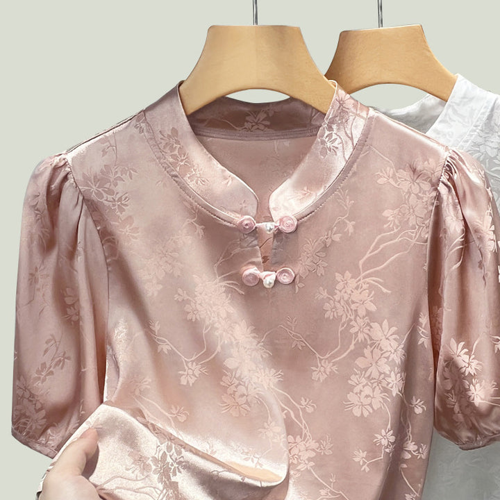 Dame silke bluse med puffærmer og florale mønstre Stilla