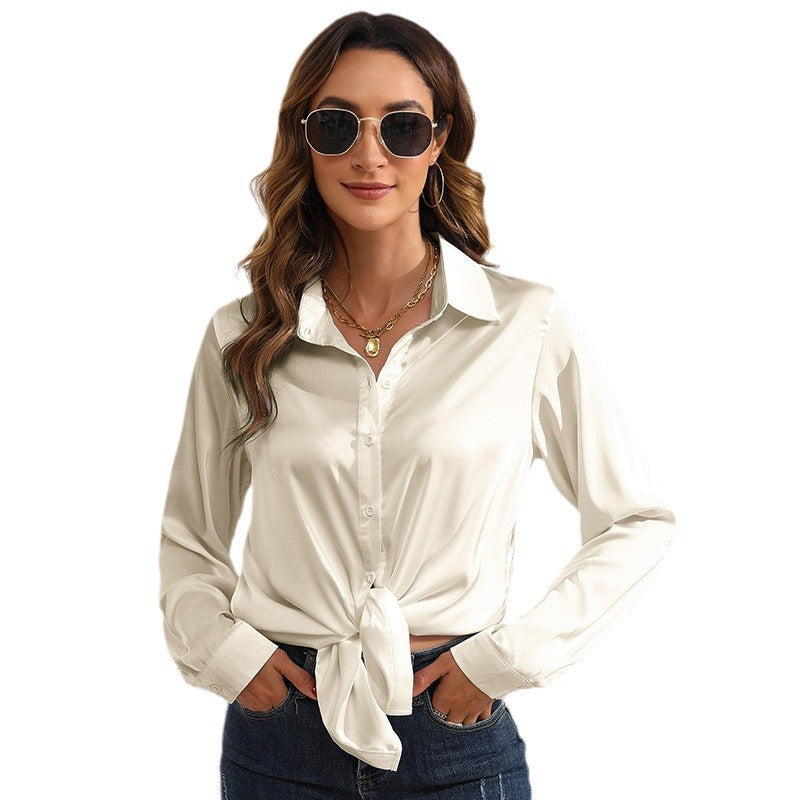 Dame Elegant Silke Bluse med knapbar Front og Sløjfe Stilla
