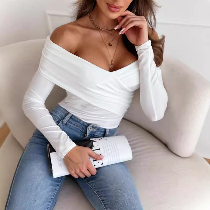 Dame Off-Shoulder Langærmet Top med raffineret Vendingdesign Stilla