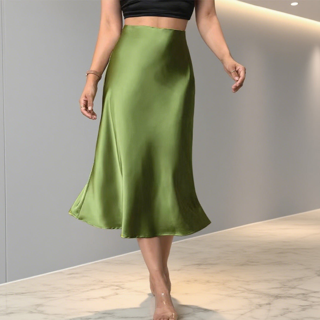 Dame Elegant Satin-Midi-nederdel med høj skæring og flydende fald Skovae
