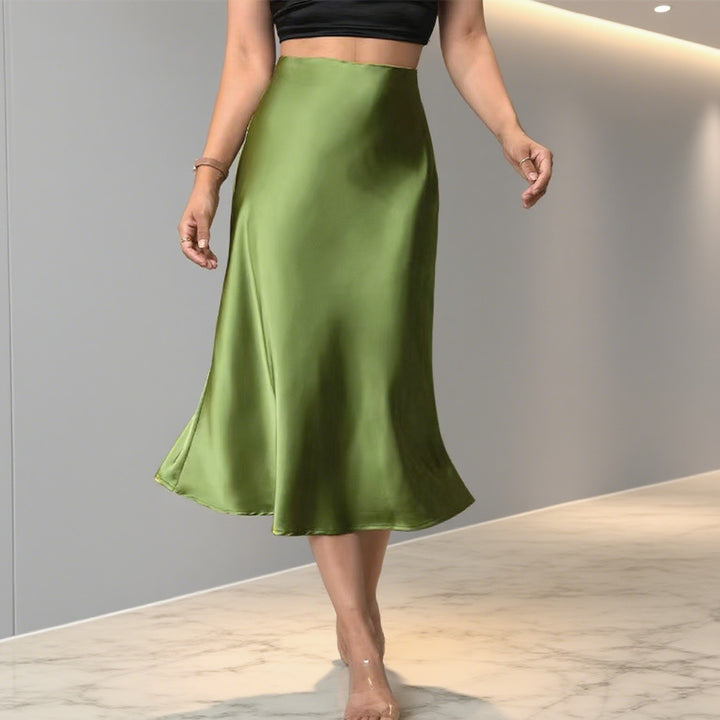 Dame Elegant Satin-Midi-nederdel med høj skæring og flydende fald Skovae
