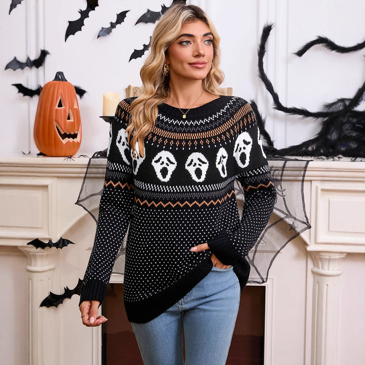 Kvindernes mønstrede strikkede sweater med Halloween-motiver Stilla