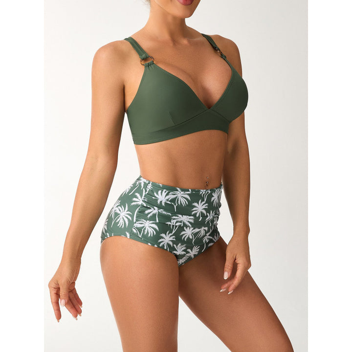 Dame Bikini-sæt med høj talje og moderne palmeprint Skovae