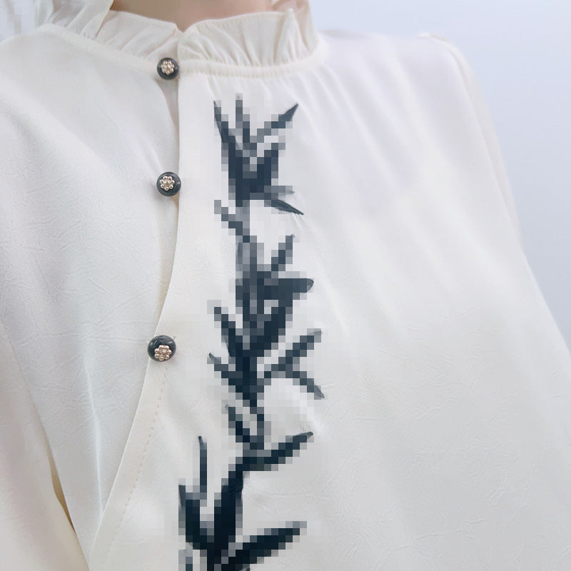 Dame Elegant Bluse med Rynkedetaljer og moderigtig Ståkrave Stilla