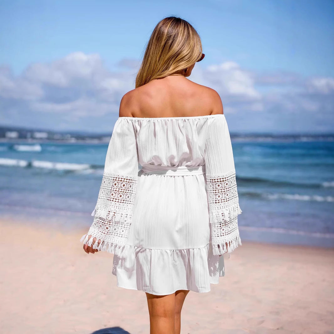 Dame Strandkjole med romantiske hækleærmer og bånd Stilla