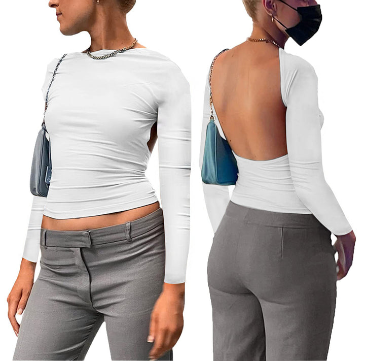 Dame figursyet longsleeve-top med åben ryg og elegant design Skovae