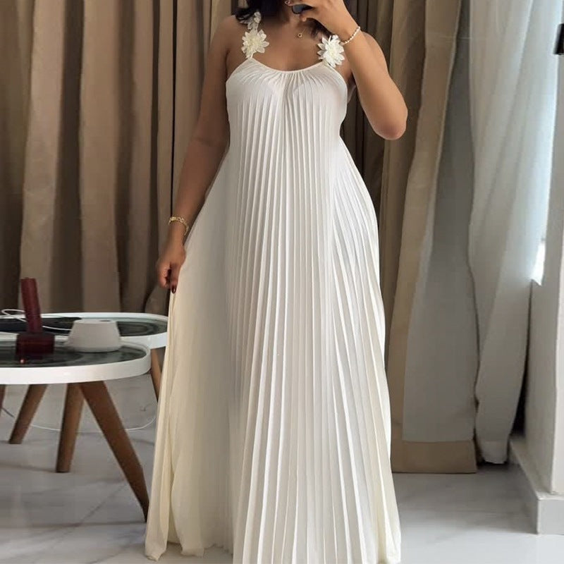 Damer Elegante Maxikjole med afslappet plissering og dekorative skulderblomster Skovae
