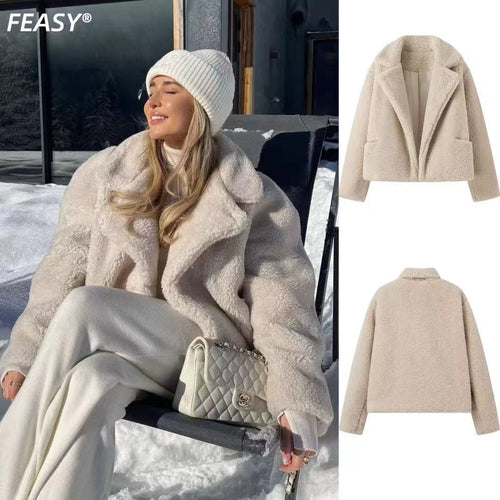 Dame blød Faux-Fur Jakke med reverskrave og lommer Stilla