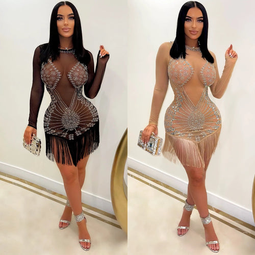 Dame Strass-besat Transparent Mini Kjole Stilla