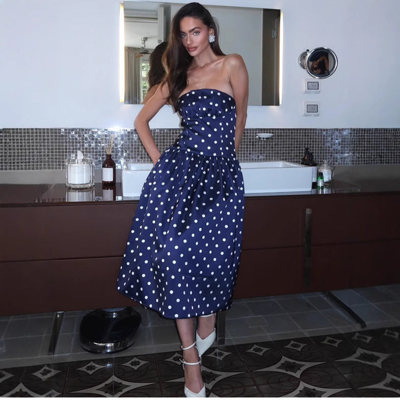 Dame elegant Midikjole med Polka-Dot mønster og taljebælte Stilla